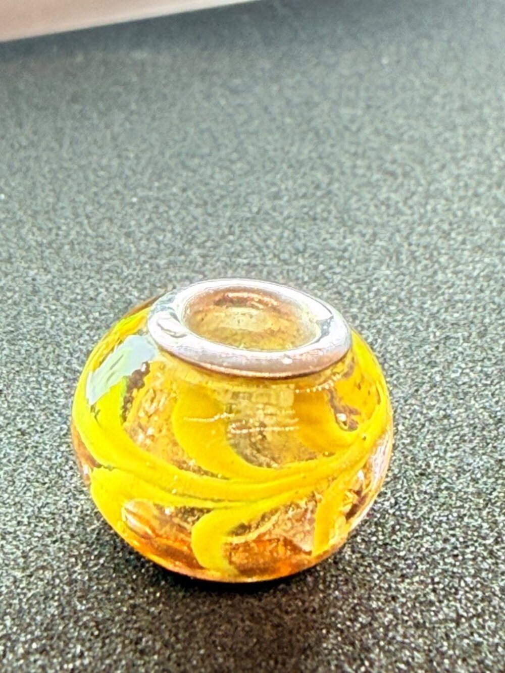 925 Sterling Silver Yellow Amber Glass Floral Charm Bead